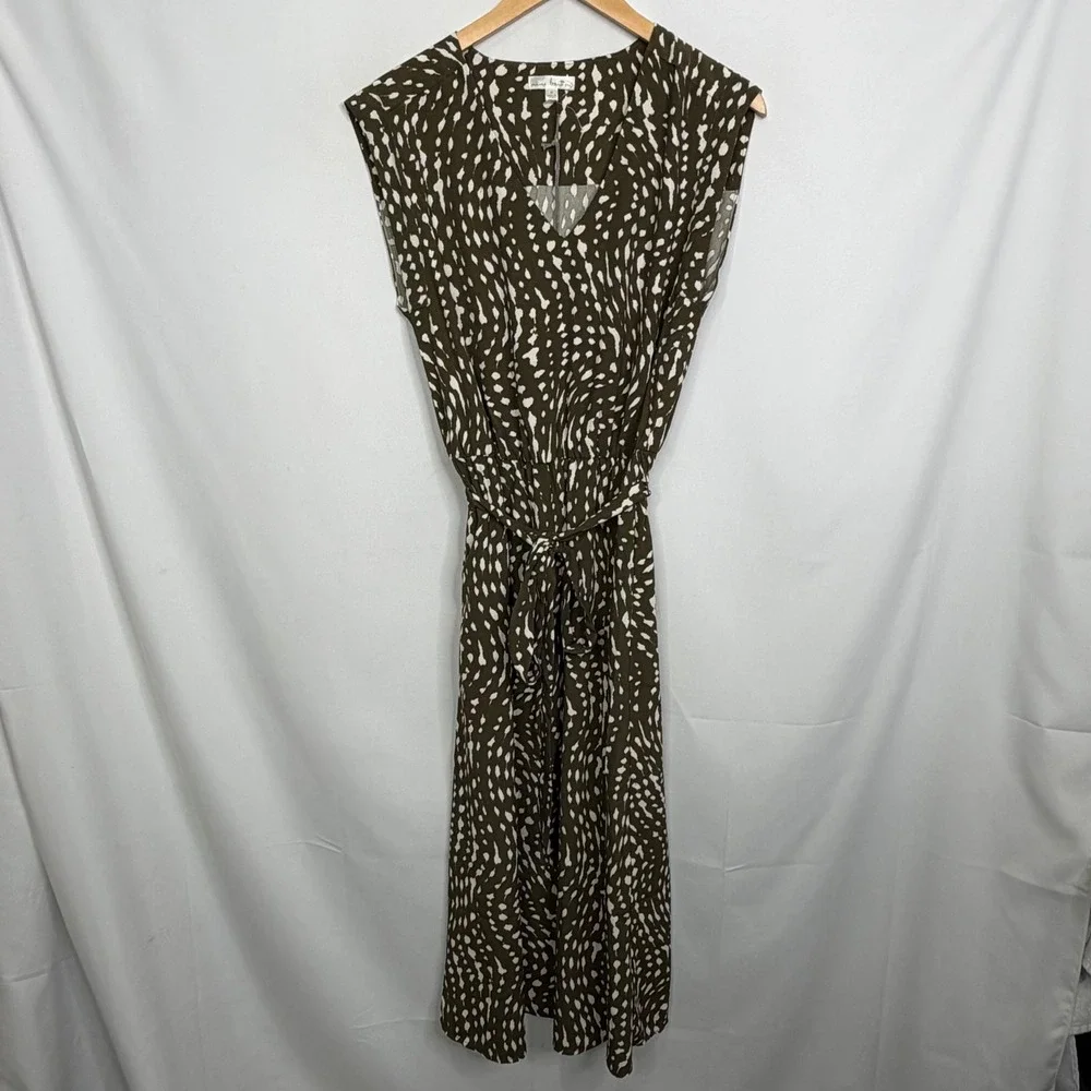 Nine Britton Mari V-Neck Midi Dress Olive Abstract Animal Print Side Slit M NEW